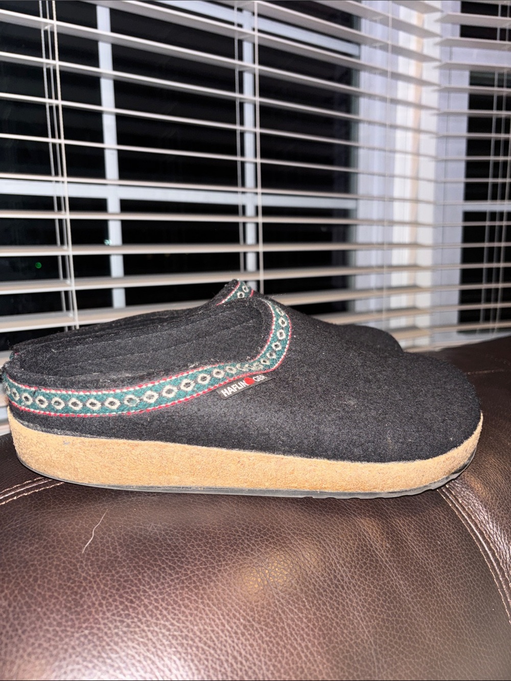 Haflinger Black Felt Slip-On Clog with Tan Sole and Patterned Trim